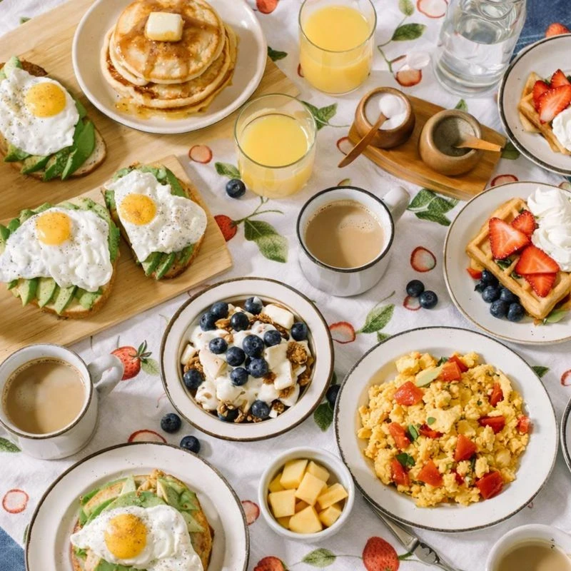 Breakfast prepared with Carote cookware featuring pancakes eggs and avocado toast
