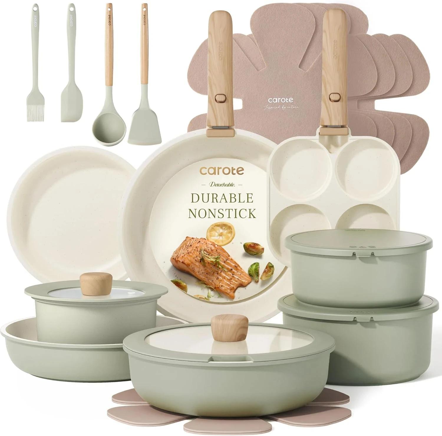 Carote sage green ceramic cookware set with wooden handles