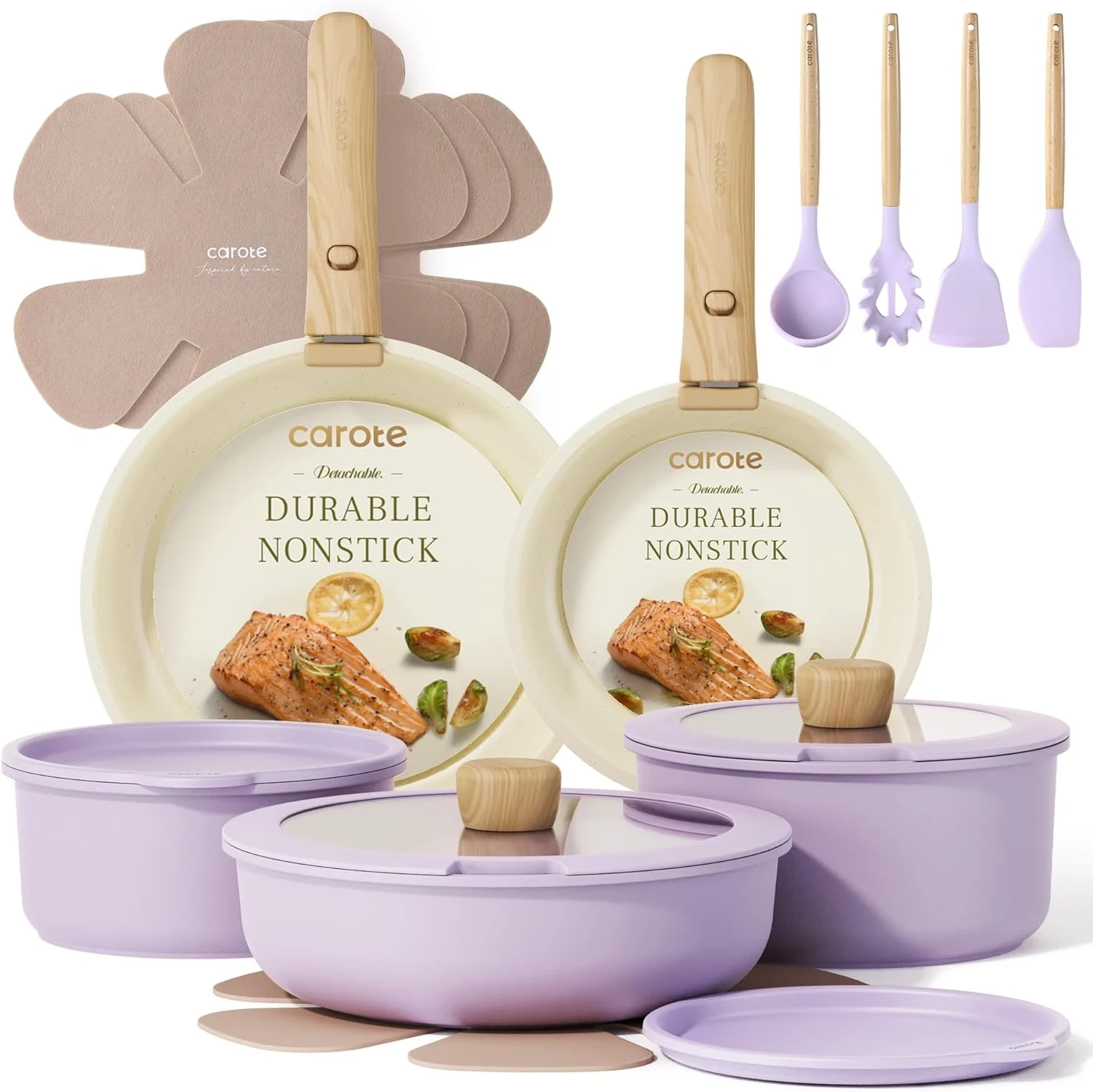 Carote lavender purple cookware set with light wooden handles