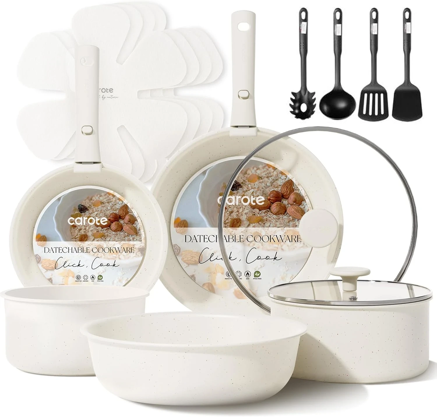 Carote 10 piece white granite nonstick cookware set with detachable handles